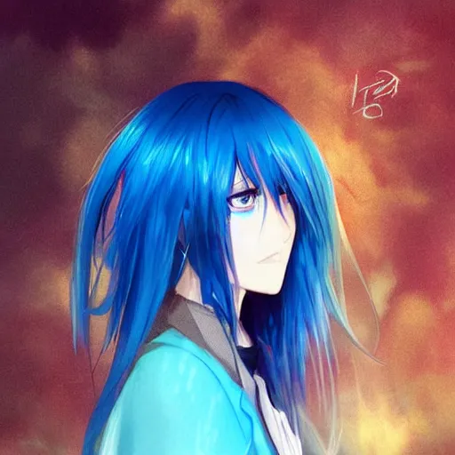 Prompt: side profile of rimuru tempest with sky blue hair, long hair, blue eyebrows, blue eyelashes, gold eyes, high collar, black jacket | shiny, highly detailed, rain, professional digital painting, concept art, award - winning photography, cinematic, wlop | art by pixiv art, yoshitaka amano, deviantart