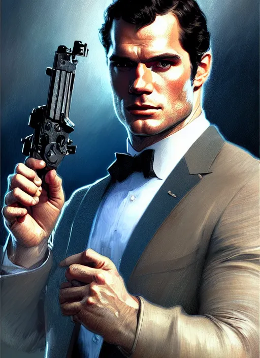 Image similar to portrait of henry cavill as james bond, key art, running, highly detailed, digital painting, artstation, concept art, cinematic lighting, sharp focus, illustration, by gaston bussiere alphonse mucha