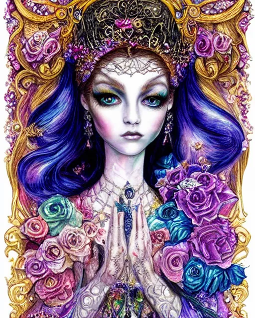 Image similar to josephine wall water colored pencils baroque bedazzled gothic royalty frames surrounding a pixelsort highly detailed portrait of a detailed pencil portrait with watercolor of a beautiful monster high doll, by sabrina eras, alice x. zhang, agnes cecile, blanca alvarez