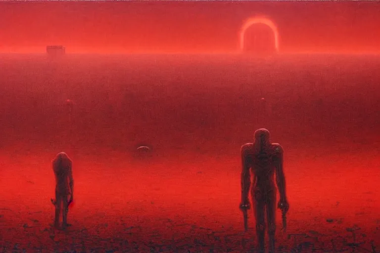 Image similar to only with red, red god of death eat apple, a futuristic city on mars in the background, red worms on the floor, in the style of beksinski, part by hopper, part by rodcenko, part by hofbauer, intricate composition, red by caravaggio, insanely quality, highly detailed, masterpiece, red light, artstation, 8 k