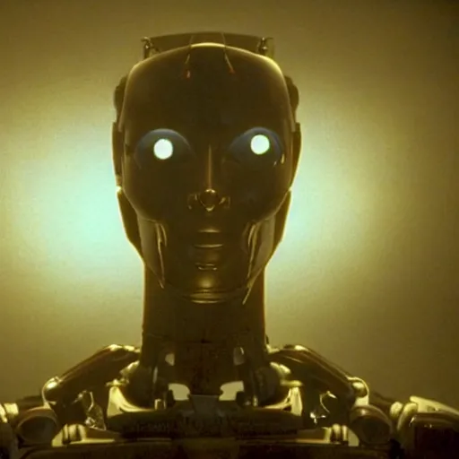 Image similar to movie scene of a man with a robot head, menacing, movie still, cinematic composition, cinematic light, criterion collection, reimagined by industrial light and magic, Movie by David Lynch and Ridley Scott