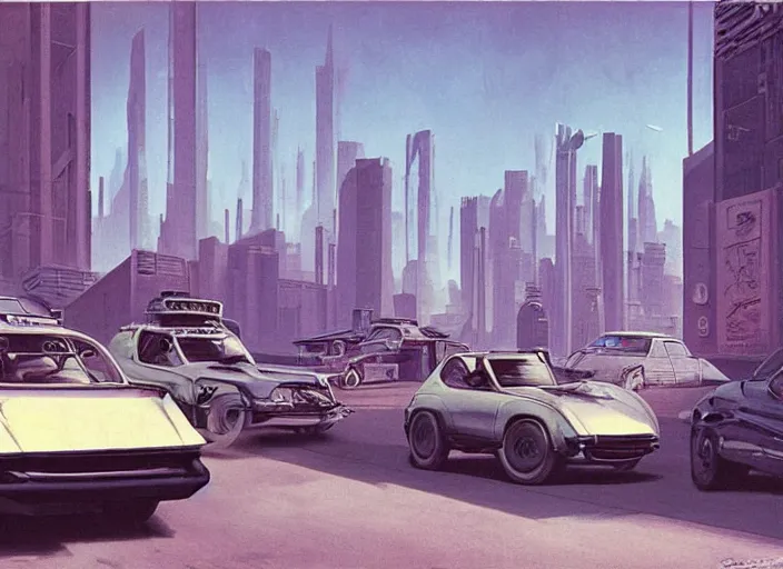 Prompt: 5 cars driving down a street in the city of [[[[[Eindhoven]]]]] next to tall buildings the night at 8:00 am, cyberpunk art by Chesley Bonestell, cgsociety, retrofuturism, matte painting, reimagined by industrial light and magic