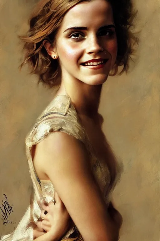 Image similar to emma watson smiling looking away detailed portrait painting by gaston bussiere craig mullins j. c. leyendecker photograph by richard avedon peter lindbergh