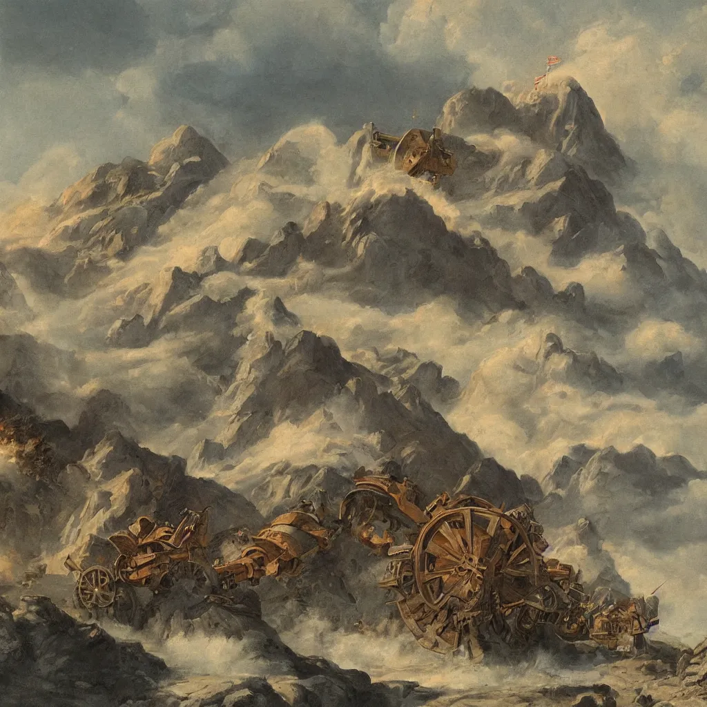 Prompt: a very detailed, beautiful painting of a great mountain transformed into a massive cannon aiming at the sky, preparing to fire