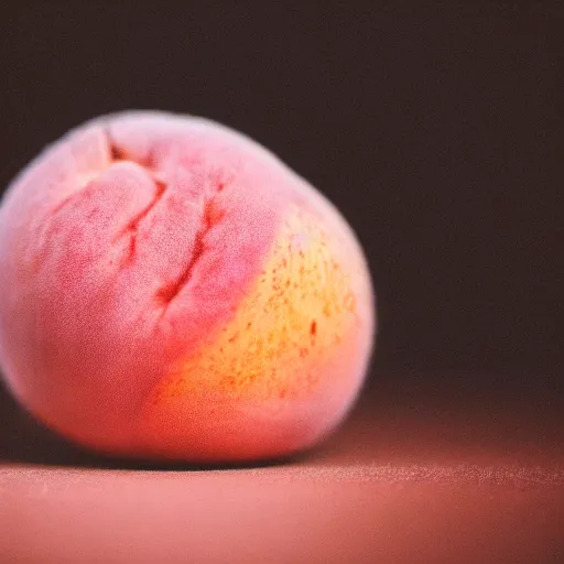 Image similar to a macro photo of a round peach's dry hairy skin, hyper realistic, hyper detailed, 35mm, very grainy film, pink volumetric studio lighting, bokeh, black background award winning shot, vogue magazine, cinematic, 8k, very closeup, elegant, tender, pastel