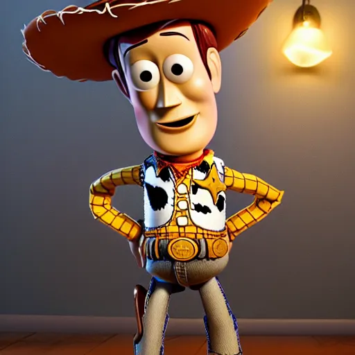 Image similar to Photorealistic creepy toy story woody in the style of ren and stimpy. Hyperdetailed photorealism, 108 megapixels, amazing depth, glowing rich colors, powerful imagery, psychedelic Overtones, 3D finalrender, 3d shading, cinematic lighting, artstation concept art