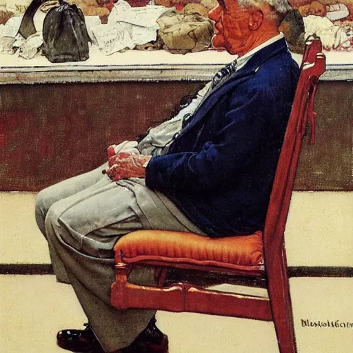 Prompt: A seated man waiting to be bought in a store. Painting by Norman Rockwell.