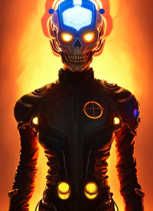 Image similar to portrait of apex legends ghost rider, intricate, elegant, glowing lights, highly detailed, digital painting, artstation, glamor pose, concept art, smooth, sharp focus, illustration, art by artgerm and greg rutkowski, artey freytag