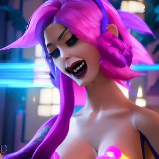 Image similar to still of pretty Jinx (League of Legends) in KDA music video. 3d render, octane render, game art, realistic, highly detailed, trending on artstation, 4k, trending on artstation, pixar, cgsociety, unreal engine 5, redshift render, trending on artstation, blender, behance, cg