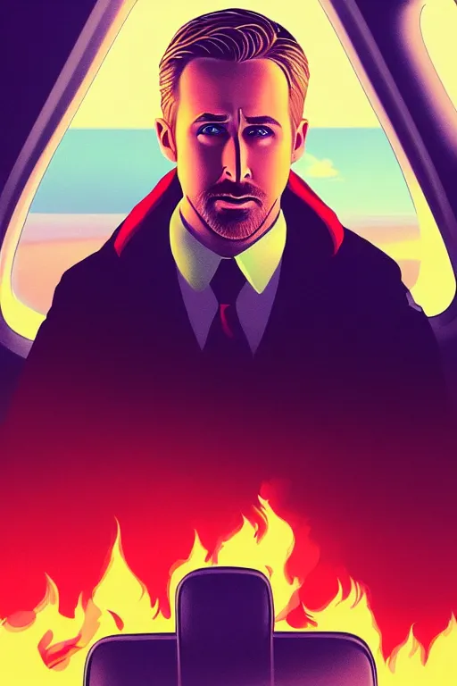 Image similar to Ryan Gosling looking a huge fire at window in airplane, ilya kuvshinov landscape, very detailed, ArtStation