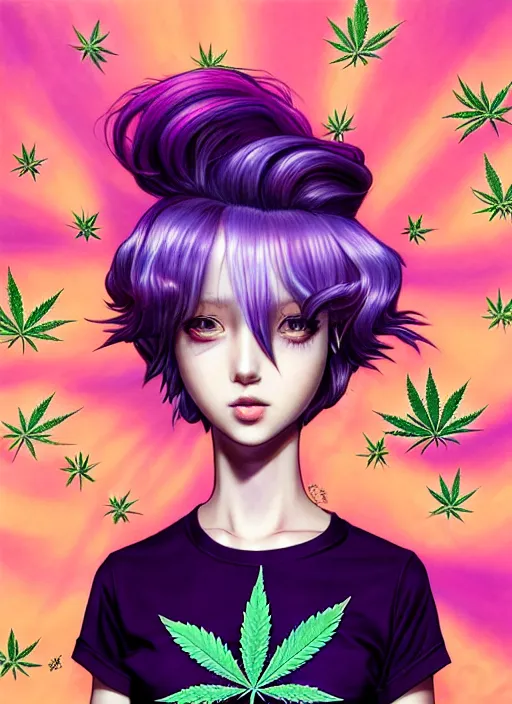 Image similar to richly detailed colored pencil 3 d illustration woman silky straight purple hair with iridescence wearing marijuana logo tshirt and short shorts, she staring at the camera happily art by range murata and artgerm.