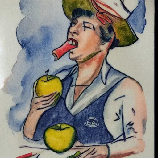 Prompt: a old tattoo of a sailor from the 1 9 4 0 s eating a honeycrisp apple, blues and whites, sketching, watercolor, color restoration, high quality