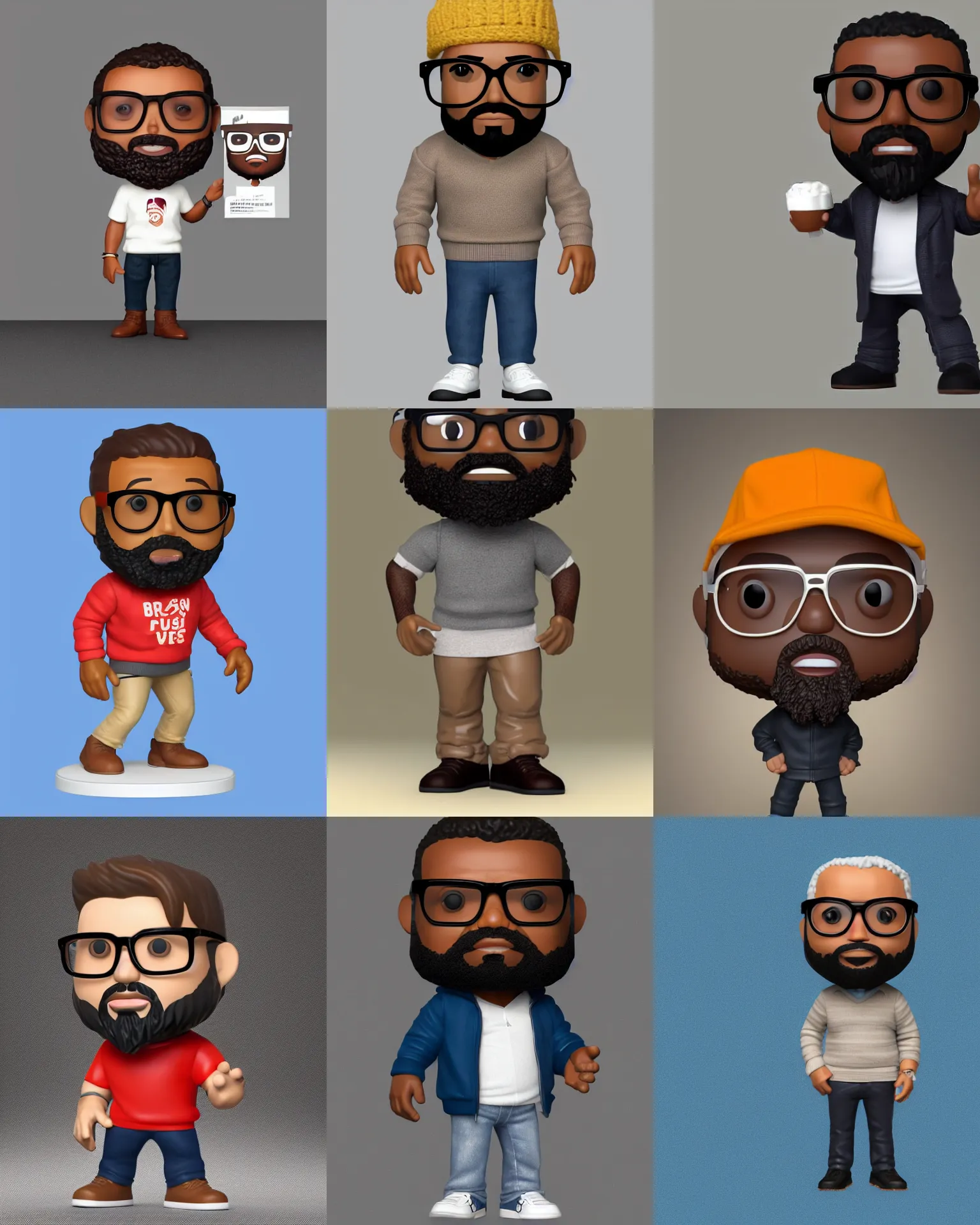 Prompt: full body 3d render of brown man with beard, glasses and pullover as a funko pop!, studio lighting, grey background, single body, no shadow, blender, trending on artstation, 8k, highly detailed