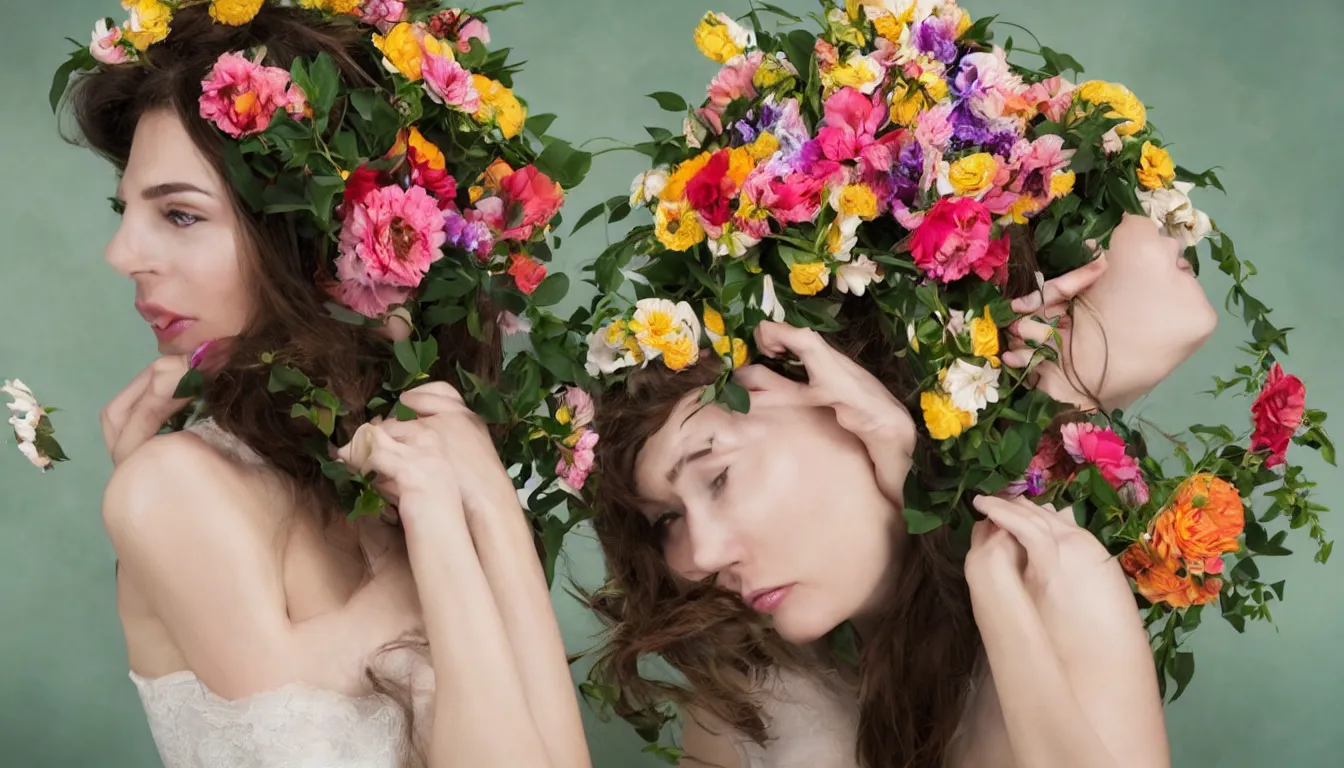 Image similar to beautiful woman with a head made from a bouquet of flowers