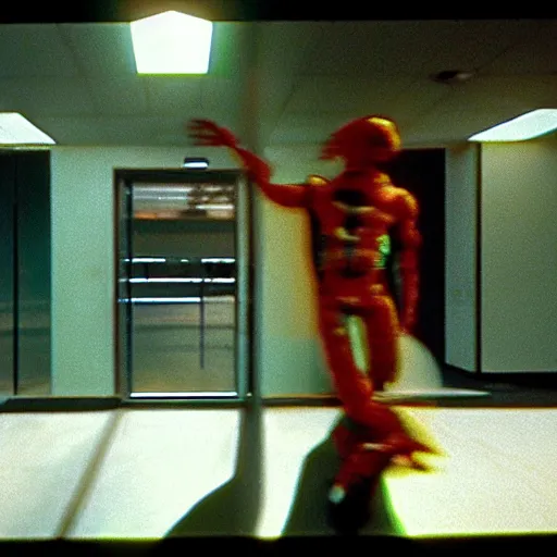 Image similar to a vhs still portrait of aphex twin breaking into the office from a gritty cyberpunk 2 0 0 0 s james cameron movie about spider - man. realism, cinematic lighting, 4 k. 8 mm. grainy. panavision.