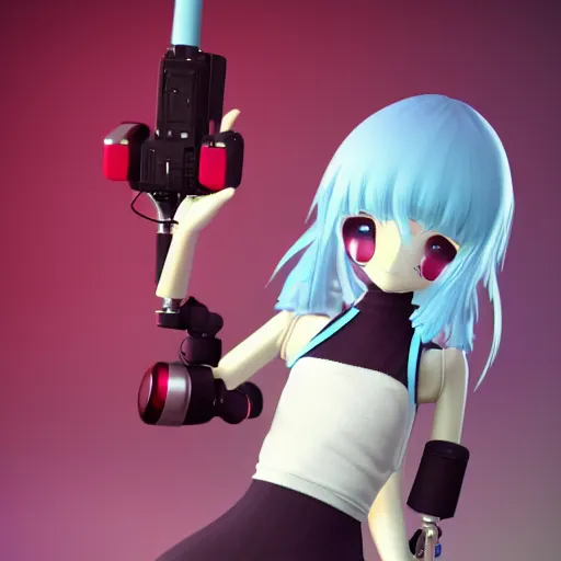 Prompt: cute fumo plush of a girl with prosthetic mechanical arms, red velvet, bokeh, cyberpunk anime girl, vray