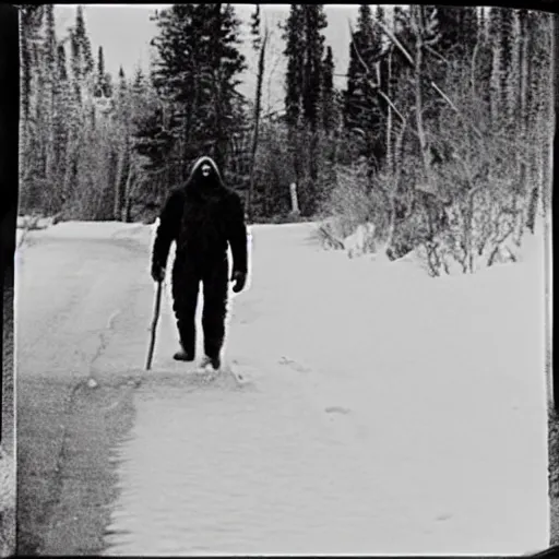 Prompt: a picture of bigfoot wearing a black and white striped ski mask and walking towards a store, taken on a WW2 camera.