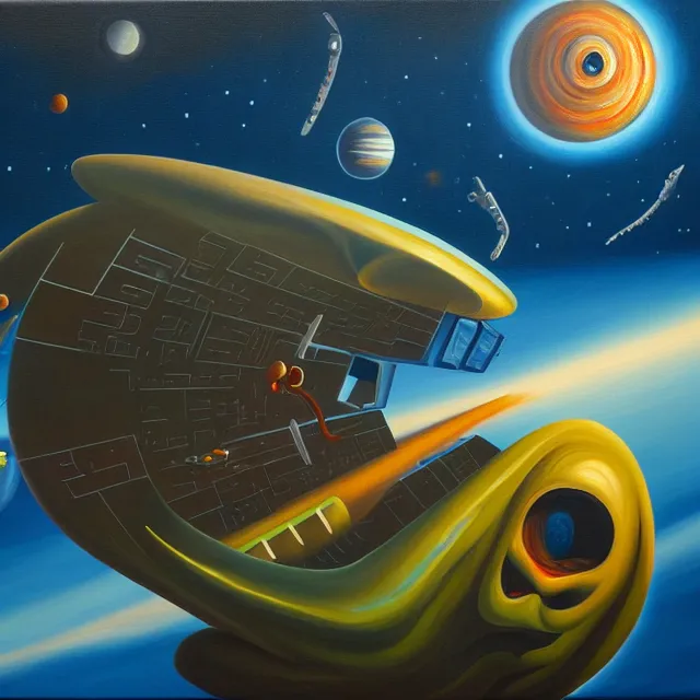 Prompt: an oil on canvas painting of a spaceship being eaten, polycount, surrealism, surrealist, cosmic horror, high detail