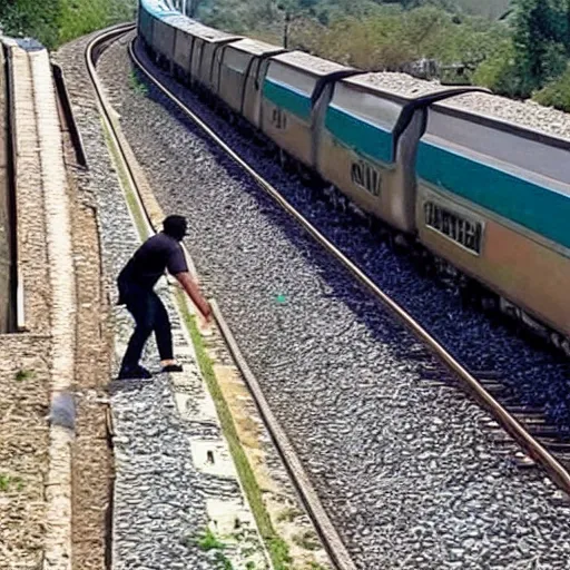 Prompt: man stops train and throws rocks to cars in the highway