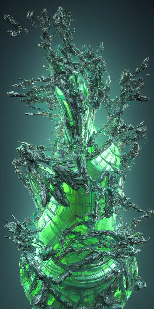 Image similar to 3 d photographic render of asymmetric mandelbulb sculpture, bioluminescent chrometype, made of liquid metal, neotribal with thorns and green thunders, cyberpunk, raytracing, hyper realistic, volumetric lightning, 8 k, by zhelong xu and ouchh studio