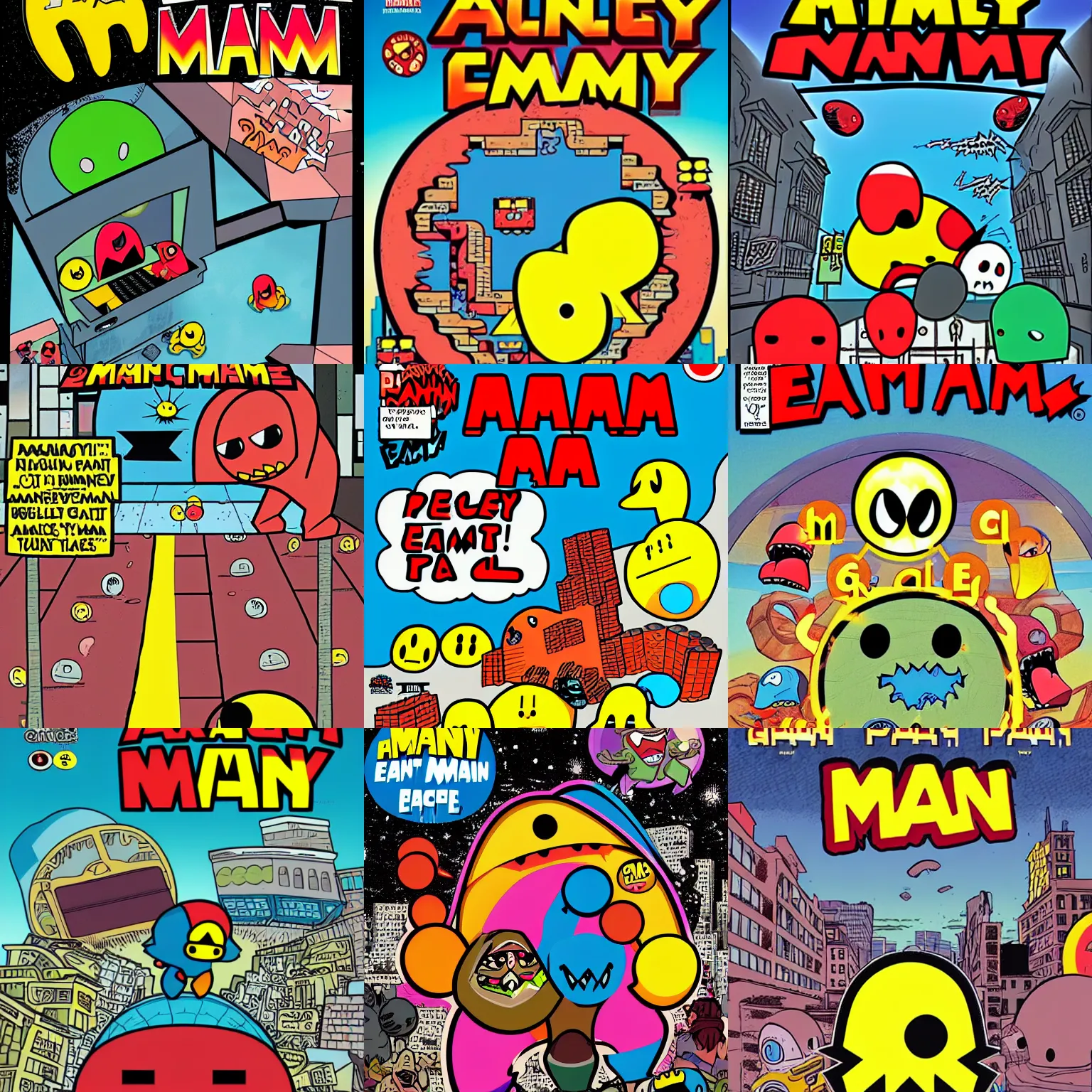 Prompt: angry giant pacman eat people in ruined city, a comics cover