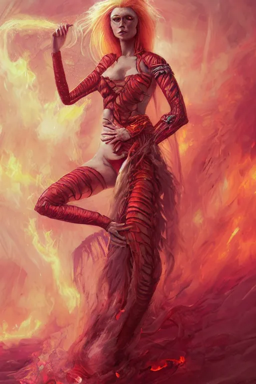 Prompt: Long Worm made of Fire wrapped around the arm of the beautiful fire goddess wearing pink bikini armor, on fire, long blonde flaming hair, digital art, trending on artstation, cgsociety, detailed, illustration, professional art by Seb McKinnon