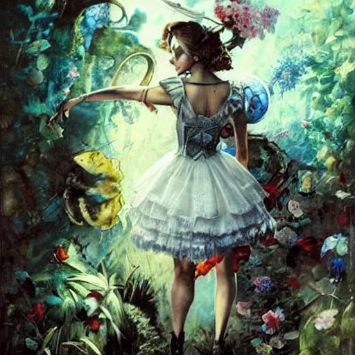 Image similar to alice in wonderland, intricate detail, painting, royo, frazetta, whealan,