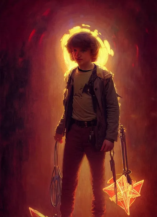 Image similar to illustration by gaston bussiere, gerome, craig mullins, greg rutkowski, john singer sargent. portrait of eddie munson joseph quinn, stranger things. 8 ß's neon retro. lights, glow, magical. dark background.