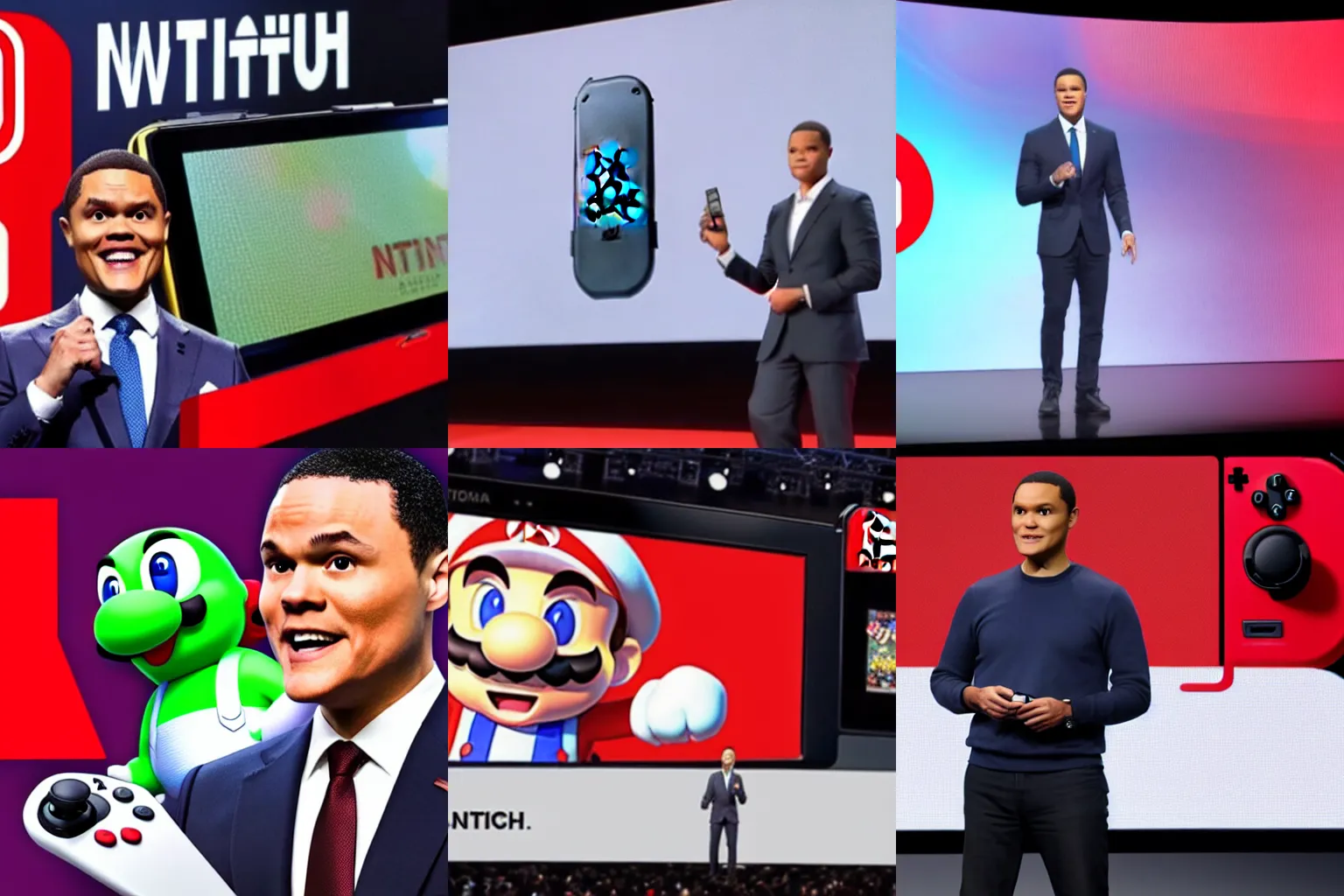 Prompt: president of nintendo of america reggie trevor noah presents nintendo switch home console, nintendo direct presentation