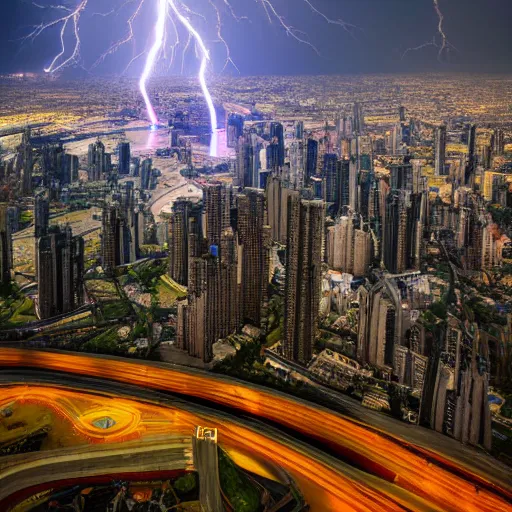 Image similar to Wide shot of colossal futuristic megacity towering across the landscape, thunder storm, EOS-1D, f/16, ISO 200, 1/160s, 8K, symmetrical balance, in-frame