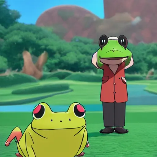 Image similar to frog pokemon trainer, wes anderson, screenshot from pokemon sword and shield