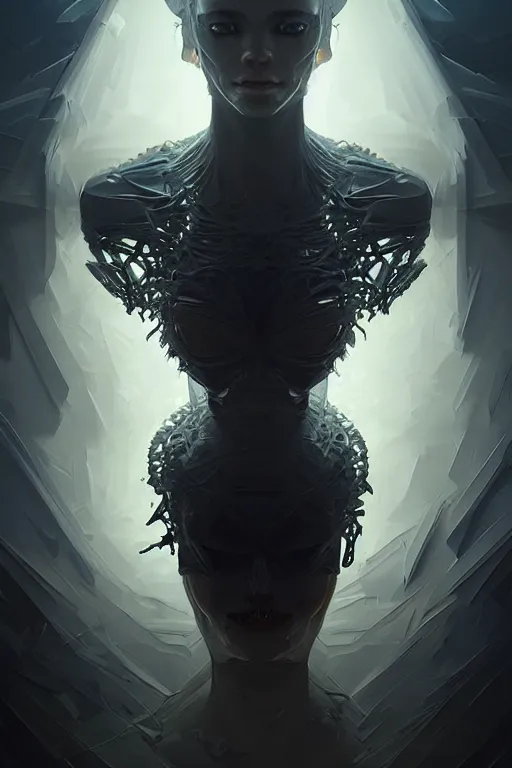 Image similar to professional concept art portrait of a ominous floating mechanical fractal species in a dark room by artgerm and greg rutkowski. cubism, an intricate, elegant, highly detailed digital painting, concept art, smooth, sharp focus, illustration, in the style of cam sykes.