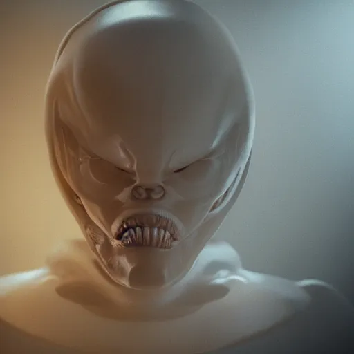 Image similar to beautiful blond xenomorph girl with human face in the style of giger, ground fog, moody lighting, 8 k, lightning, shallow depth of field, cinematic lighting,