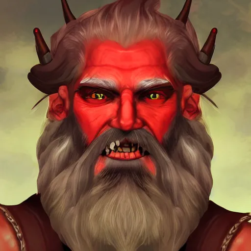 Image similar to dnd render of a man, red, a big black beard, completely golden eyes, 1 curved horn growing out of his forehead, one broken horn groing out of his forehead,