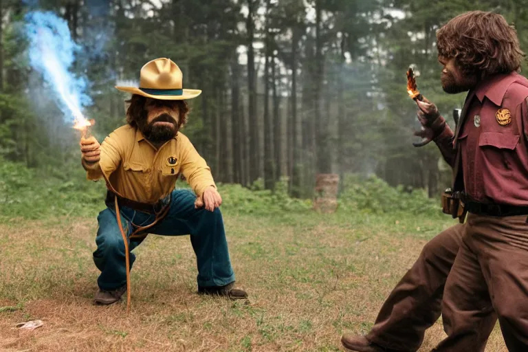 Image similar to peter dinklage holding a flare fighting smokey the bear, movie still, from the new sleepaway camp movie, 8 k, realistic