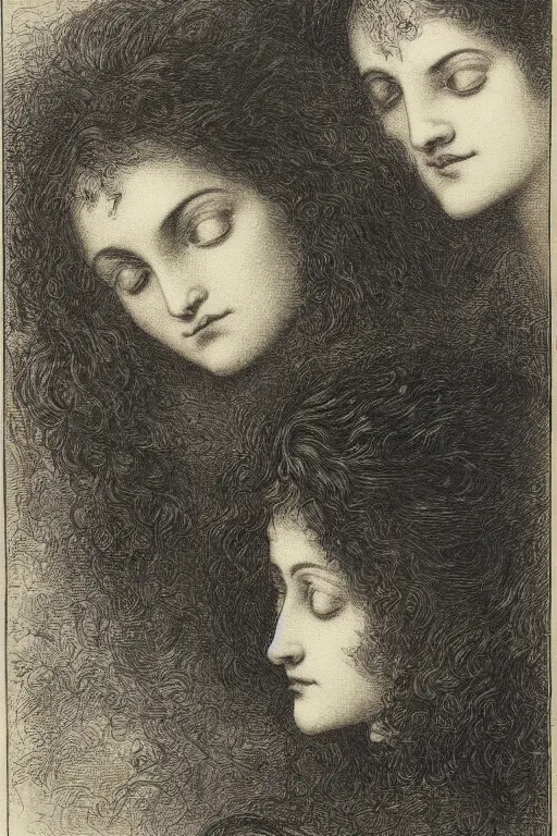 Image similar to black and white, close up portrait of two women in flowers, Gustave Dore lithography