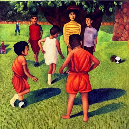 Image similar to boys playing soccer, hot day, parents watching, in style of frida kahlo painting