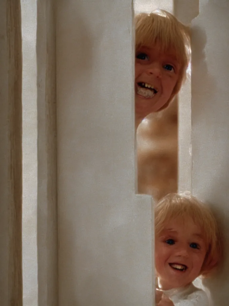 Prompt: a cute little blonde kid trying to see through a huge vertical crack on a white wooden door and grinning maniacally, a still from the 1980 movie the shining, realism, 4k, grainy, panavision