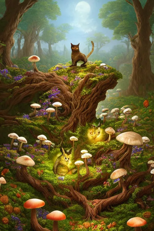 Image similar to a beautiful digital illustration painting of a detailed fantasy cats and roots, mushroom, flowers by benoit b. mandelbrot, steven belledin, martin johnson heade, lee madgwick, caspar david friedrich, and david rios ferreira. 8 k resolution trending on artstation concept art digital illustration