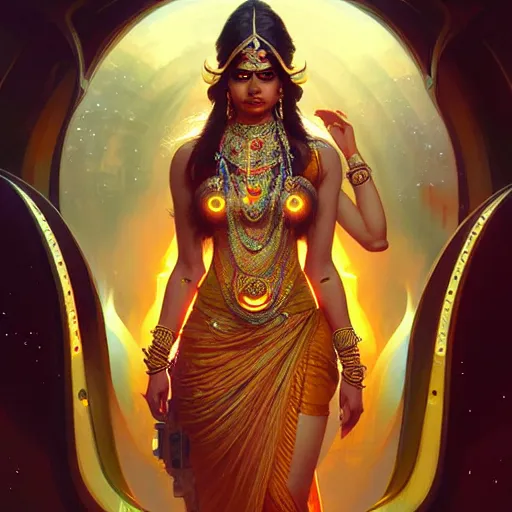 Image similar to futuristic lakshmi, sci-fi, fantasy, intricate, elegant, attractive, indian goddess, highly detailed, digital painting, artstation, concept art, smooth, sharp focus, illustration, art by artgerm and greg rutkowski and Raja ravi verma and alphonse mucha