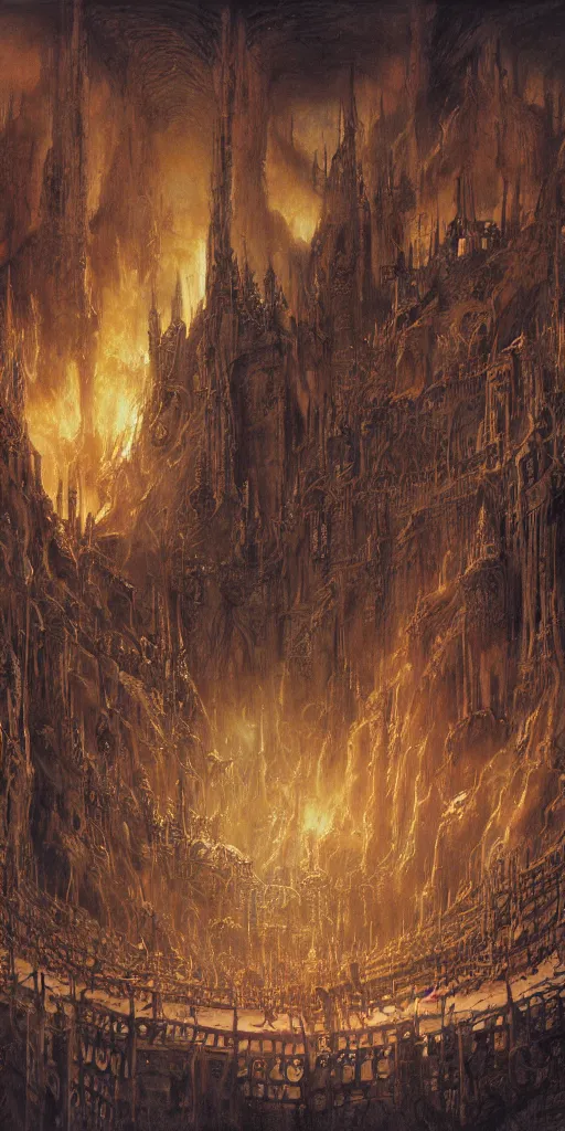 Image similar to Artwork by John Howe of the cinematic view of the Chaotic Oubliette of the Demon King.