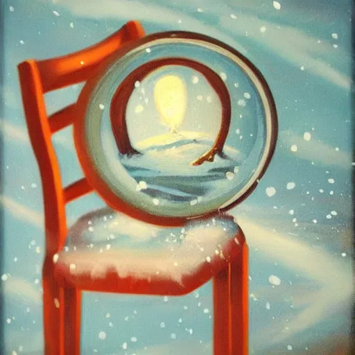 Prompt: A vintage wooden chair and falling snow inside of a snow globe. Acrylic on canvas
