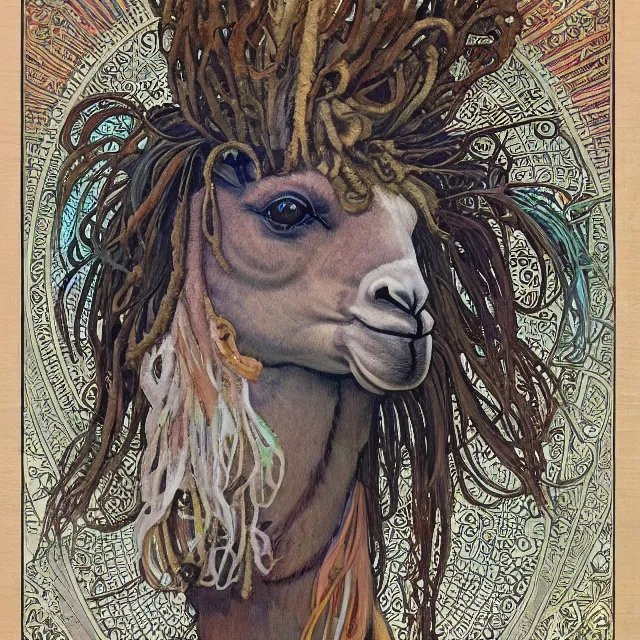 Image similar to llama with dreadlocks, detailed, by alphonse mucha, ernst haeckel, james jean, el anatsui, mandy jurgens