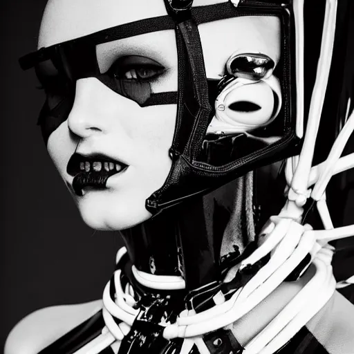 Image similar to fashion photography of an extraterrestrial model with opened mouth, wearing demobaza fashion, inside berghain, berlin fashion, harness, futuristic fashion, dark minimal outfit, photo 3 5 mm leica, hyperdetail, berghain, 8 k, very detailed, photo by nick knight