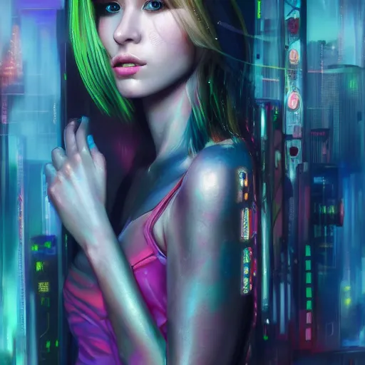 Prompt: a hyperrealistic painting of a beautiful girl, cyberpunk, highly detailed, sharp focus, synthwave