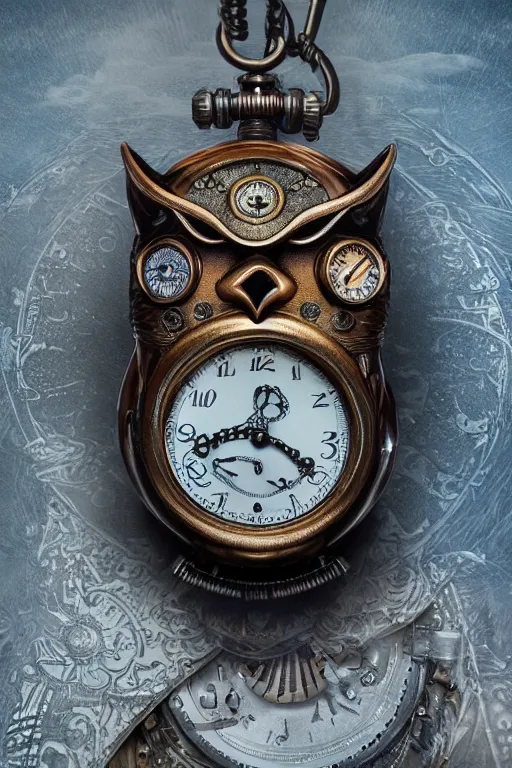 Prompt: steampunk owl pocketwatch, intricate detail, volumetric lighting, epic composition, hyper detailed, ultra realistic, sharp focus, octane render, himalayan rocksalt lamp, blue moon, volumetric, ray tracing, artstation trending, cgsociety, sense of awe, swirling mist, 4 k