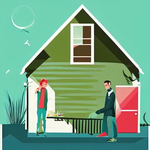 Image similar to vector illustration of people looking at a house, tom whalen, sea green color theme