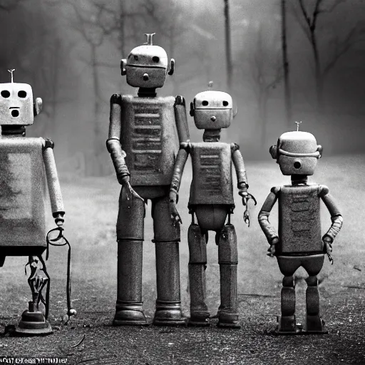 Prompt: the most creepy family photo of robots, 200mm lens, post apocalyptic, sadness, depression, screaming, crying, auschwitz camp