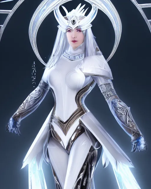 Image similar to perfect white haired egyptian goddess wearing white dove wings, warframe armor, regal, attractive, ornate, sultry, beautiful, ice queen, half asian, pretty face, blue eyes, detailed, scifi platform, 4 k, ultra realistic, epic lighting, android body, illuminated, cinematic, masterpiece, art by akihito tsukushi, voidstar