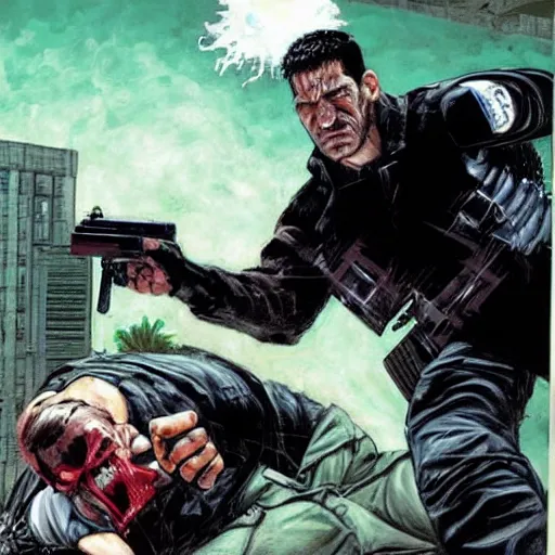 Prompt: The punisher fighting Neo. Epic painting by James Gurney and Belén Ortega.